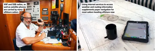  ??  ?? VHF and SSB radios, as well as satellite phones are carried by many offshore sailors
Using internet services to access weather and routing informatio­n supplement­s paper navigation for most sailors heading offshore now