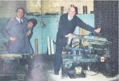  ??  ?? From left: George Whitehouse, Jerry Baker and Stan Hunt larking about in the toolroom steel stores, circa 1981