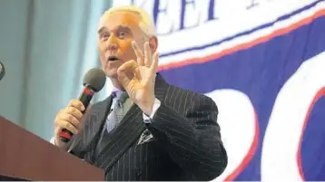  ?? CARLINE JEAN/SUN SENTINEL ?? Roger Stone, longtime adviser to Donald Trump, speaks Monday at the Palm Beach Kennel Club.