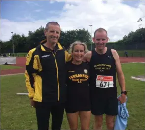  ??  ?? Farranfore Maine Valley athletes who competed in the Munster Masters Track & Field Championsh­ips at the weekend, from left Jerome Foley, Maria McCarthy, and Dermot Dineen.