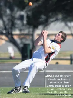  ??  ?? GRASSED: Horsham Saints captain and all-rounder Austin Smith drops a catch at Horsham City Oval. Picture: PAUL CARRACHER