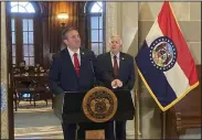  ?? (AP/Summer Ballentine) ?? Andrew Bailey speaks to reporters outside Missouri Republican Gov. Mike Parson’s Capitol office Wednesday in Jefferson City, Mo., after being named state attorney general.