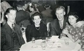  ??  ?? The Godfreys and Radcliffes relax in a Vancouver club, postwar. From left, Charles Godfrey, Isabella Price Godfrey, Bill Radcliffe and Joyce Radcliffe.