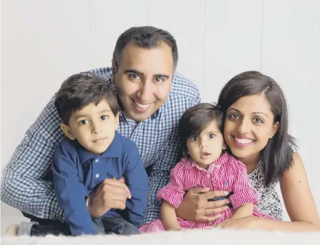  ??  ?? Saahib Randhawa, dad Manprit, mum Gurpreet and sister Mia in a family photo taken prior to Saahib’s cancer diagnosis.