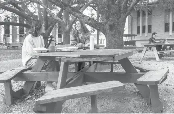  ?? ANNIE MULLIGAN/THE NEW YORK TIMES ?? Kayla Bierman and Thalia Andris eat breakfast outdoors Friday at Rice University in Houston. As the omicron surge spreads across the country, some universiti­es are rethinking how to handle life on campus.