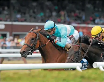  ?? NYRA PHOTO BY ADAM MOOSHIAN ?? Lady Eli, left, with jockey Irad Ortiz Jr. won The Diana Handicap over Quidura Saturday, at Saratoga Race Course.