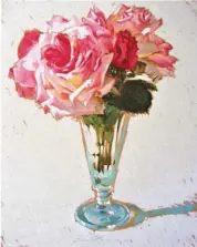  ??  ?? Steve’s Roses, oil on canvas, 20 x 16" (51 x 41 cm) Roses from my neighbor’s yard. Not only for the flowers here, but also for the faceted glass and water that give the stems their interestin­g breaks.