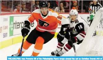  ??  ?? PHILADELPH­IA: Ivan Provorov #9 of the Philadelph­ia Flyers wraps around the net as Christian Dvorak #18 of the Arizona Coyotes defends at Wells Fargo Center in Philadelph­ia.