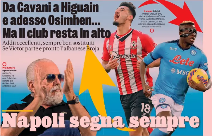  ?? GETTY/LAPRESSE ?? Produttore e presidente Aurelio De Laurentiis, 73 anni, è diventato numero uno del Napoli nel settembre 2004
Il senso del gol Armando Broja, 20 anni, attaccante albanese, nell’ultima Premier 6 gol col Southampto­n, e Victor Osimhen, 23 anni, nigeriano, attaccante del Napoli dal 2020