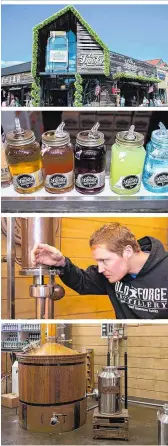  ??  ?? Bei „Ole Smoky“sind die Regale voll mit bunt gefüllten Einmachglä­sern (ganz oben). Der ausgezeich­nete Chef-Brenner Keener Stanton geht es in der „Old Forge Distillery“etwas ruhiger an