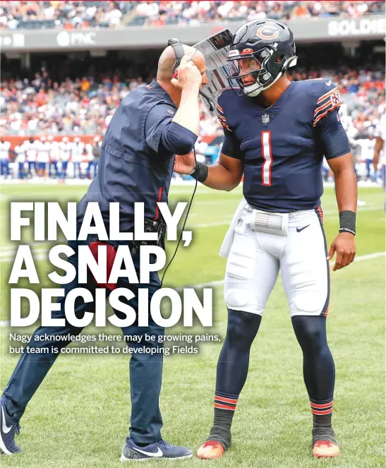  ?? AP ?? Two days after saying Andy Dalton would start if healthy, Bears coach Matt Nagy reversed course and said Justin Fields is No. 1 on the depth chart.