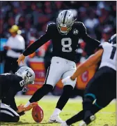  ?? ARIC CRABB — BAY AREA NEWS GROUP, 2020 ?? The Raiders’ Daniel Carlson (8) tied for the NFL lead in scoring in 2020 with 144 points.