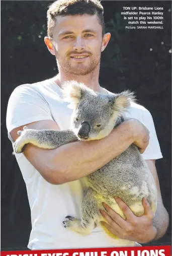  ?? Picture: SARAH MARSHALL ?? TON UP: Brisbane Lions midfielder Pearce Hanley is set to play his 100th
match this weekend.