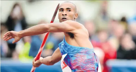  ?? NICOLAS TUCAT/AFP/GETTY IMAGES ?? Canadian decathlete Damian Warner prepares to launch a javelin at Decastar last weekend in Talence, France. He placed only ninth in the event, but won the decathlon, his score of 8,252 besting second-place finisher Kai Kazmirek of Germany by 232 points.