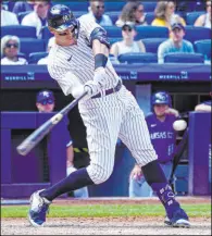  ?? Mary Altaffer The Associated Press ?? Aaron Judge swings for his 42nd home run of the year, a two-run blast in the second inning Saturday that helped Al-leading New York hammer the Royals 8-2 at Yankee Stadium.
