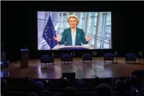  ?? AP PHOTO ?? VIRTUAL ADDRESS
European Commission President Ursula von der Leyen speaks via video link at the opening of ‘The idea of Europe’ internatio­nal symposium in the city of Kaunas, southcentr­al Lithuania on Nov. 25, 2022.