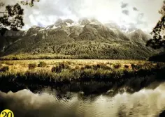  ??  ?? 20Mirror Lakes, further down the road from Fiordland. With the water undisturbe­d and, on a very clear day, you can take a photo of the lake and the mountains in one frame, flip it upside down, and no one will notice. The very clear water literally mirrors the mountains in great detail. We didn’t have a clear day so this was the best I could get.