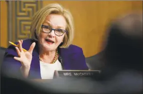  ?? Carolyn Kaster / Associated Press ?? In this Jan. 9, 2018, file photo, Senate Finance Committee member Sen. Claire McCaskill, D-Mo., asks a question during a Senate Finance Committee hearing on Capitol Hill in Washington. A new report from McCaskill says companies such as Stamford-based...