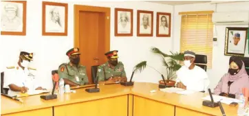  ??  ?? from left: Commander Naval Unit, Abuja, Navy Commodore Sulaiman Ibrahim; Commander, Army HQ Garrison, Maj .Gen Sanusi Dahiru; Commander, Defence HQ Garrison, Maj.Gen Preye Fakrogha; FCT Minister, Malam Muhammad Musa Bello, and FCT Minister of State, DR Ramatu Tijjani Aliyu during the visit of the Commander Defence HQ Garrison to the FCTA in Abuja at weekend