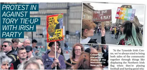  ??  ?? Colourful placards on display at the Monument in Newcastle