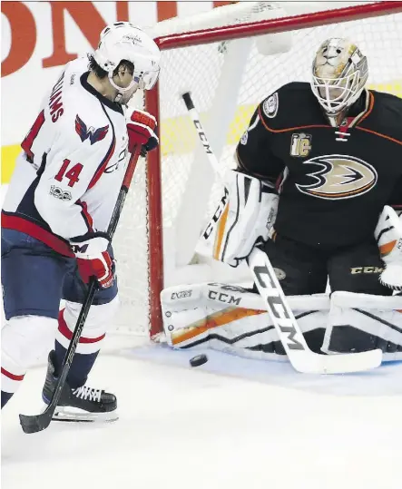  ?? ALEX GALLARDO/THE ASSOCIATED PRESS ?? Washington Capitals right wing Justin Williams, seen eyeing the puck in front of Anaheim Ducks goaltender Jonathan Bernier on Sunday in Anaheim, Calif., says “competitiv­eness and tight scoring is encouraged” with the playoffs just around the corner.