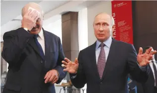  ??  ?? RUSSIAN PRESIDENT Vladimir Putin (right) gestures next to Belarus President Alexander Lukashenko during their meeting at the Sirius educationa­l center, in the Black sea resort of Sochi, Russia, on February 15.