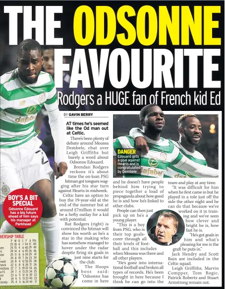  ??  ?? DANGER Edouard gets a goal against Hearts and is congratula­ted by Dembele