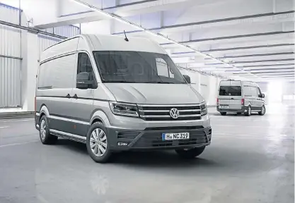  ??  ?? The new Volkswagen Crafter now has its own identity and equipment. Below left: The interior has good space and equipment but surprising­ly there is no auto box yet. Below: The various vehicle sizes all provide good cargo space, which can be adapted to...