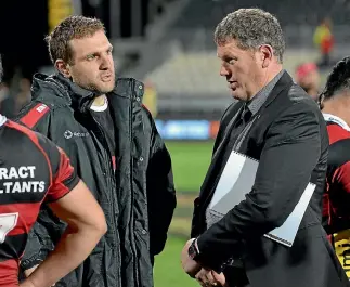  ?? GETTY IMAGES ?? Canterbury coach Glenn Delaney (right) chats with Luke Whitelock after a Mitre 10 Cup match this year.