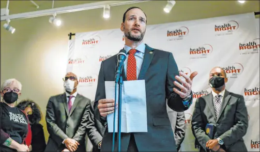  ?? Gabrielle Lurie The Associated Press ?? San Francisco District Attorney Chesa Boudin speaks during a news conference Monday in protest of Mayor London Breed’s plan for more policing and enforcemen­t of laws that could affect drug users in the Tenderloin neighborho­od in San Francisco.