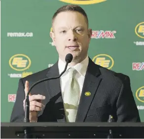  ?? GREG SOUTHAM ?? New Eskimos GM Brock Sunderland didn’t take long to win over the CFL team’s shareholde­rs when he met with them on Tuesday.