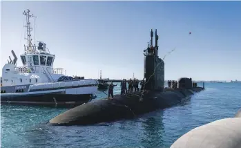  ?? AUSTRALIAN DEFENCE FORCE ?? USS North Carolina at Australia’s Fleet Base West. Australia is spending billions on its own nuclear-powered submarines.