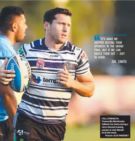  ?? Picture: ALIX SWEENEY ?? FULL STRENGTH: Townsville Blackhawks fullback Zac Santo during a retro- themed training session at Jack Manski Oval this week.