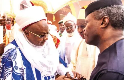  ?? Photo: VP’s Office ?? From right: Ag. President Yemi Osinbajo; Governor of Katsina State, Aminu Bello Masari with the Emir of Katsina Abdulmumin Kabir Usman (left), during the acting president’s visit to Katsina yesterday for the pilot edition of MSME Clinic.