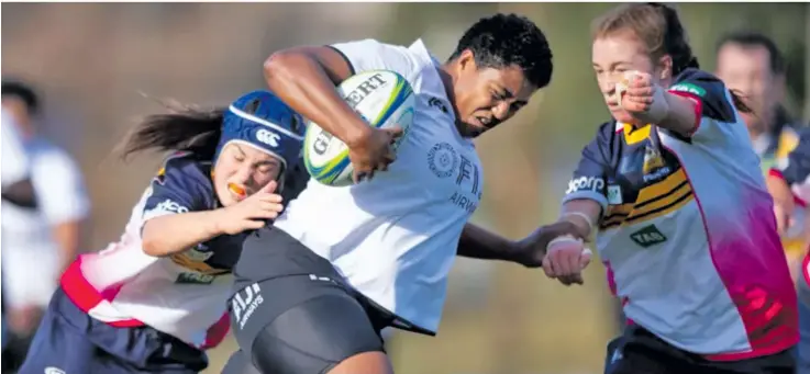  ?? Photo: Canberra Times ?? Fiji Airways Fijiana XVs powerhouse prop Esiteri Bulikiobo on attack against Brumbies Women at the ANU North Oval in Canberra, Australia, on June 11, 2018.