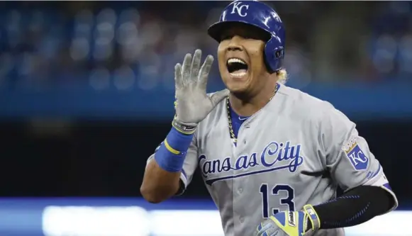  ?? NATHAN DENETTE/THE CANADIAN PRESS ?? The Royals’ Salvador Perez celebrates a ninth-inning single against the Blue Jays at the Rogers Centre on Thursday night. Perez went 2-for-4 in K.C.’s 1-0 victory.