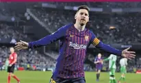  ??  ?? GETTY IMAGES Barcelona’s Lionel Messi celebrates a goal during his team’s 4-1 victory over Real Betis at the Benito Villamarín Stadium in Seville, Spain, on March 17, 2019.