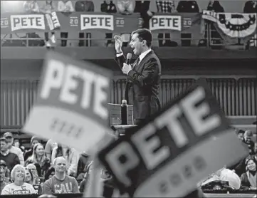  ??  ?? Presidenti­al candidate Pete Buttigieg speaks during a campaign event at St. Ambrose University on Friday.