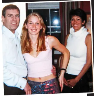  ??  ?? Grinning: Prince Andrew with his arm around Virginia Roberts at an Epstein party in London in 2001, with Ghislaine Maxwell behind