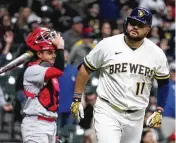  ?? ASSOCIATED PRESS ?? Milwaukee’s Rowdy Tellez helped send the Reds to their 12th consecutiv­e road loss Wednesday. The Reds fell to 3-21 overall, equaling the 1894 Washington Senators for worst 24-game start to a season.