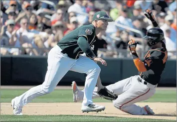  ?? CHRIS CARLSON — THE ASSOCIATED PRESS ?? The Giants’ Gorkys Hernandez slides past A’s third baseman Matt Chapman after a double by Joe Panik on Monday.