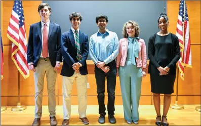  ?? (Arkansas Democrat-Gazette/Stephen Swofford) ?? The 2024 Stephens Award student scholarshi­p winners (from left) Andrew Jones, from Episcopal Collegiate; Reeves Bethel, from Catholic High School; Venkata Bhruguband­a, from Little Rock Central High School; Clara Principe, from Mount St. Mary Academy; and Kadyn Loring, from Parkview Magnet High School, before an award ceremony at the Little Rock Regional Chamber of Commerce on Tuesday.