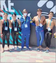  ?? Cortesía ?? Los nadadores azuayos Isabel y Colin Babbitt, Sofía Guevara y Jocelyn Bermeo se zumbullero­n en los 5km del Mundial de Aguas Abiertas, en Budapest.