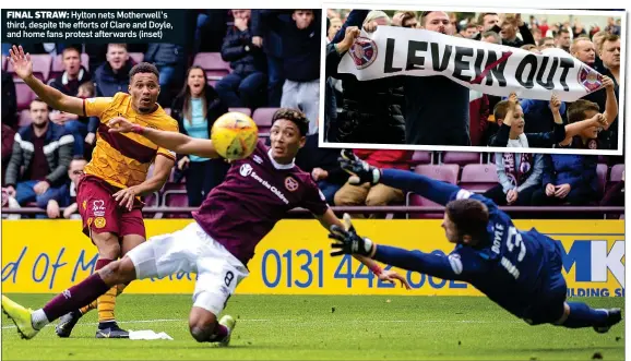  ??  ?? FINAL STRAW: Hylton nets Motherwell’s third, despite the efforts of Clare and Doyle, and home fans protest afterwards (inset)