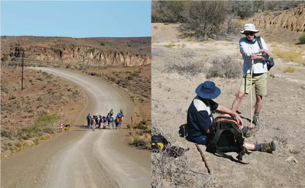  ??  ?? Opposite page: Alma Janse van Rensburg stands in the ruin of an abandoned farmhouse. Khoisan paintings decorate the walls of an overhang next to the river.
Above left: On days when there is more ground to cover, Franci leads the group along Jeep tracks for part of the way to make up time, as walking in the riverbed can be intensive and slow.
Above right: Hein Groenewald (standing) and Jaco de Wet chat during a tea break.