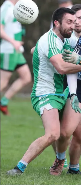  ??  ?? St Colmcille’s David O’Byrne, pictured tangling with Bective’s Kevin Brennan,