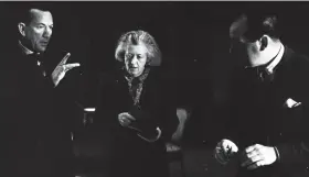  ??  ?? Noel Coward (left) rehearses Blithe Spirit with Margaret Rutherford and Cecil Parker, 1941. Coward called her something unprintabl­e. (Photo by Felix Man/Picture Post/Hulton Archive/Getty Images)