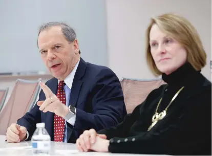  ??  ?? State Senate President John Cullerton and Senate Minority Leader Christine Radogno discuss state budget solutions Thursday with the Sun- Times Editorial Board.
| RICH HEIN/ SUN- TIMES