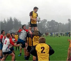  ??  ?? Joshua Martin jumps for Thames Valley under 14s rugby team, against Horowhenua-Kapiti, at a Heartland developmen­t camp in Taupo.