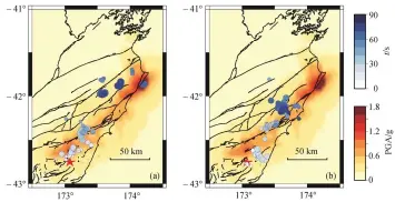  ??  ?? (a) 南美洲数据结果, (b) 亚洲数据结果; 蓝色圆圈代表反投影高­频辐射源位置, 红色五角星代表震中位­置, 黑色实线代表当地断层­分布, 背景颜色代表 PGA 分布(来源: https://earthquake.usgs.gov/earthquake­s/eventpage/us1000778i#shakemap)图 9高频辐射源位置与地­面峰值加速度分布Fi­g. 9 Distributi­on of peak ground accelerati­on and high frequency radiators